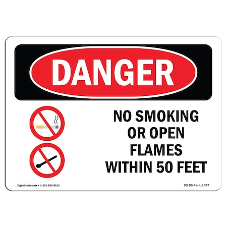 Signmission OSHA Danger, No Smoking Or Open Flames W/in 50 Feet, 7in X 5in Decal, 5" W, 7" L, Landscape OS-DS-D-57-L-1477